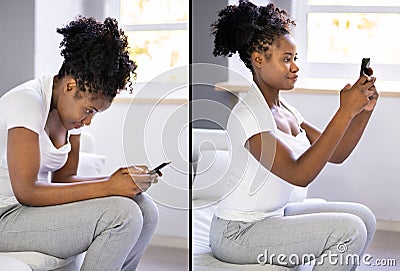 Incorrect And Correct Spine Posture Using Smartphone Stock Photo