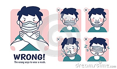 Incorrect examples of wearing masks Vector Illustration