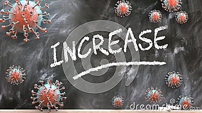 Increase and covid virus - pandemic turmoil and Increase pictured as corona viruses attacking a school blackboard with a written Cartoon Illustration