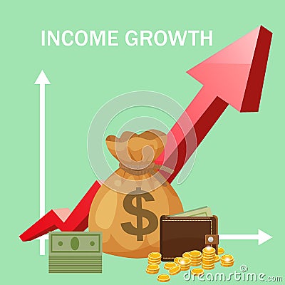 Increase Income Financial Revenue, Income growth money rate rising up. Arrow up, Money purse coins gold bag coins fund Vector Illustration
