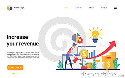 Increase revenue concept landing page, investor watering money tree to grow gold coins Vector Illustration