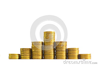 Increasing columns of coins, piles of gold coins arranged as a g Stock Photo