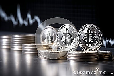 increasing graph of bitcoin transactions in financial report on dark background Stock Photo