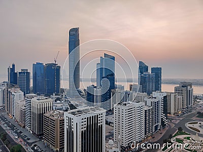 Incredible aerial view of Abu Dhabi city skyline and famous towers | Corniche skyscrapers Stock Photo