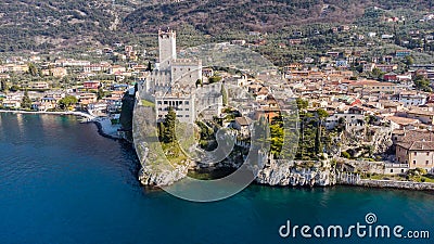 Incredible aerial view of the Medieval Castle of Malcesine Stock Photo