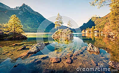 Incredible autumn scene of Hintersee lake. Sunny morning view of Bavarian Alps on the Austrian border, Germany, Europe. Beauty of Stock Photo