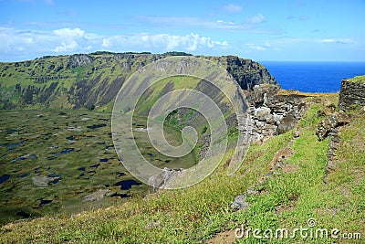 Incredible Crater Lake of Rano Kau with a Gap at the Southern End of Crater Wall Showing Pacific Ocean, Easter Island, Chile Stock Photo