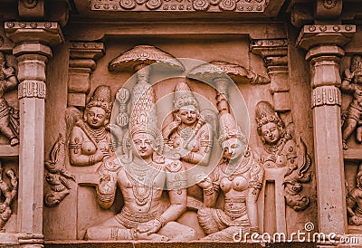 Beautiful Pallava architecture & exclusive sculptures at The Kanchipuram Kailasanathar temple, Oldest temple in Kanchipuram Stock Photo
