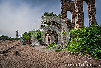 Old Destroyed Railway station at Dhanushkodi south-eastern tip of Pamban Island, Tamil Nadu State, India. Dhanushkodi Stock Photo