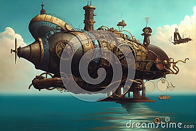 Incredible Major Steampunk balloon floating above water surface. Illustrations Generative AI. Stock Photo