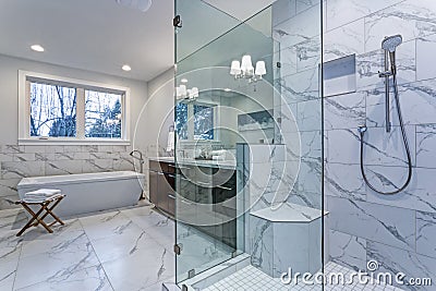 Incredible master bathroom with Carrara marble tile surround. Stock Photo
