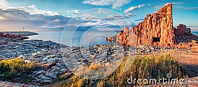 Incredible morning view of Red Rocks Beach, Arbatax. Majestic spring seascape of Mediterranean sea. Stock Photo