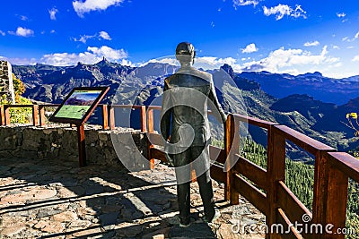 Incredible nature in Artenara village,view with statue and mountains,Gran Canaria,Spain. Editorial Stock Photo