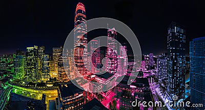 Incredible rainbow colored San Francisco skyline on a clear moonless night celebrating LGBTQ rights Editorial Stock Photo