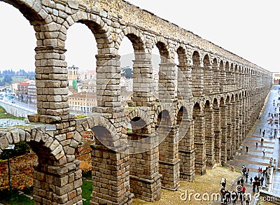 Incredible View of the Aqueduct of Segovia on a Rainy Day, Segovia Editorial Stock Photo