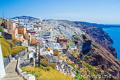 Incredible views from a cliff top steps Santorini island Caldera Greece Editorial Stock Photo