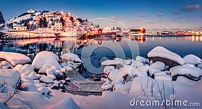 Incredible winter cityscape of Reine town, Norway, Europe. Stock Photo