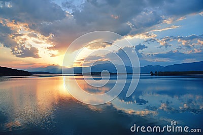 Sunset,Sunrise Summer Landscape.Beautiful Nature.Blue Sky,amazing colorful clouds.Natural Background.Artistic Wallpaper.Lake,sun. Cartoon Illustration