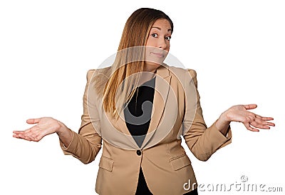 Incredulity, doubt beautiful woman. Open arms wide. On white Stock Photo