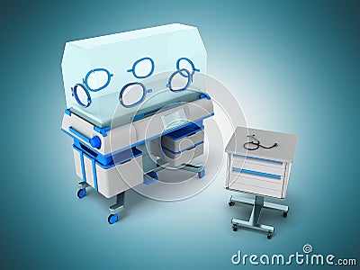 Incubator for children blue 3d rendering on blue background Stock Photo