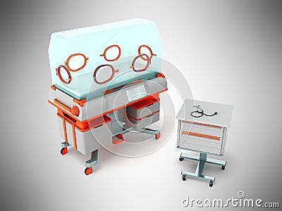 Incubator for children orange with bedside table 3d render on gr Stock Photo