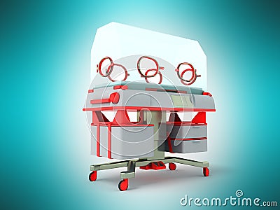 Incubator for children red 3d render on blue background Stock Photo