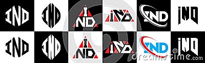 IND letter logo design in six style. IND polygon, circle, triangle, hexagon, flat and simple style with black and white color Vector Illustration