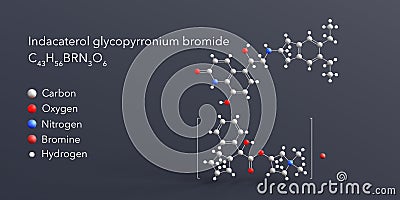 indacaterol glycopyrronium bromide molecule 3d rendering, flat molecular structure with chemical formula and atoms color coding Stock Photo