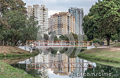 Small orange bridge in the Ecological Park, in Indaiatuba, Brazil Stock Photo