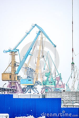 Indastrial crane in cargo port at winter Stock Photo