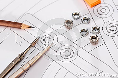Indastrial drawing detail with different draw tools. Stock Photo