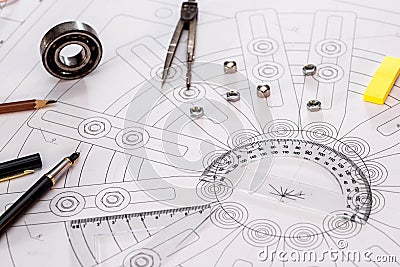 Indastrial drawing detail with different draw tools. Stock Photo