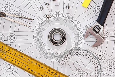 Indastrial drawing detail with different tools Stock Photo