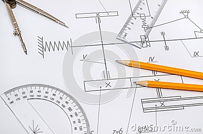 Indastrial drawing detail and tools Stock Photo