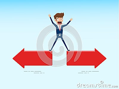 Indecisive businessman chooses right direction way. Concept of confused chooses the right path. Vector Illustration