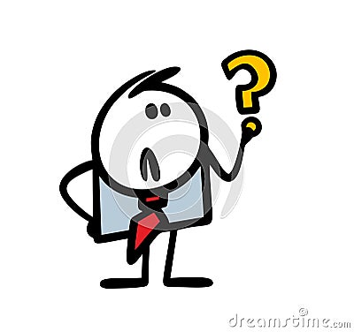 Indecisive businessman holds a question mark in his hand. Vector illustration of a puzzled stickman. Vector Illustration