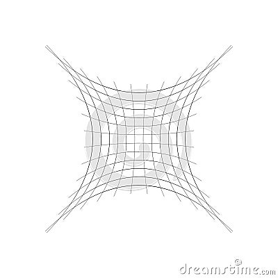 Indented, curved mesh / grid / array of thin lines. Oblate, squeezed, distressed geometric element. Compressed shape Vector Illustration