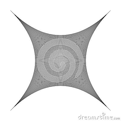 Indented, curved mesh / grid / array of thin lines. Oblate, squeezed, distressed geometric element. Compressed shape Vector Illustration