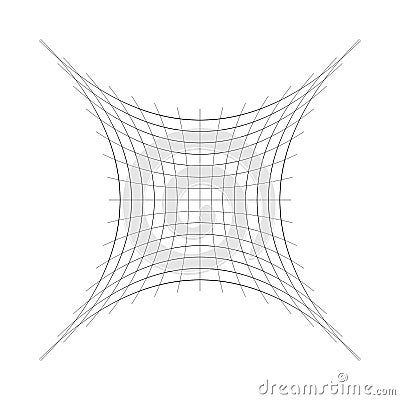 Indented, curved mesh / grid / array of thin lines. Oblate, squeezed, distressed geometric element. Compressed shape Vector Illustration