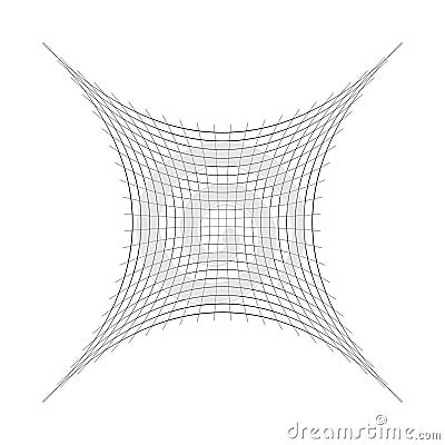 Indented, curved mesh / grid / array of thin lines. Oblate, squeezed, distressed geometric element. Compressed shape Vector Illustration