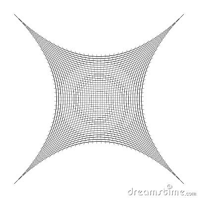 Indented, curved mesh / grid / array of thin lines. Oblate, squeezed, distressed geometric element. Compressed shape Vector Illustration