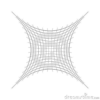 Indented, curved mesh / grid / array of thin lines. Oblate, squeezed, distressed geometric element. Compressed shape Vector Illustration
