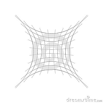 Indented, curved mesh / grid / array of thin lines. Oblate, squeezed, distressed geometric element. Compressed shape Vector Illustration