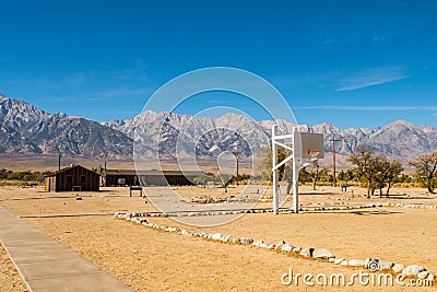 Basketball basket and one of the barracks of the remains of the Nikkei concentration camp of Manzanar in Independence Editorial Stock Photo