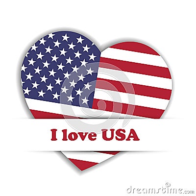 Independence Day Card. US flag in a shape of heart in the paper pocket with label I love USA. Patriotic independence Vector Illustration