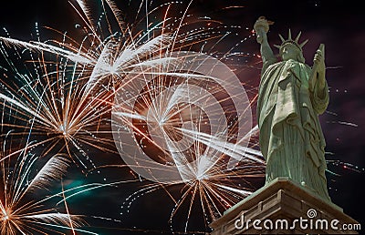 Independence Day celebration fireworks 4th of July on American Statue of Liberty Stock Photo