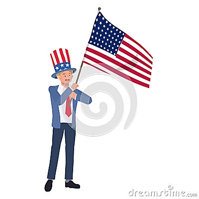 Independence day concept. A man in suit with american flag and hat is celebrating Fourth of July. Flat vector cartoon illustration Vector Illustration