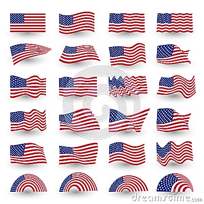 Independence day flag set of united states american symbol wavy shape. july fourth vector logo, illustration. Vector Illustration