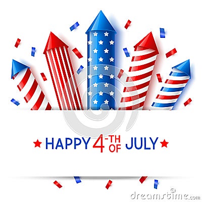 Independence day greeting card with firework rockets on white background Vector Illustration