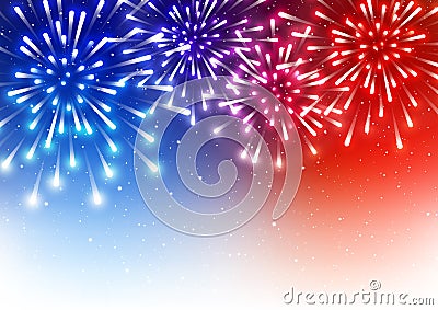 Independence day greeting card with shiny fireworks on blue and red background Vector Illustration